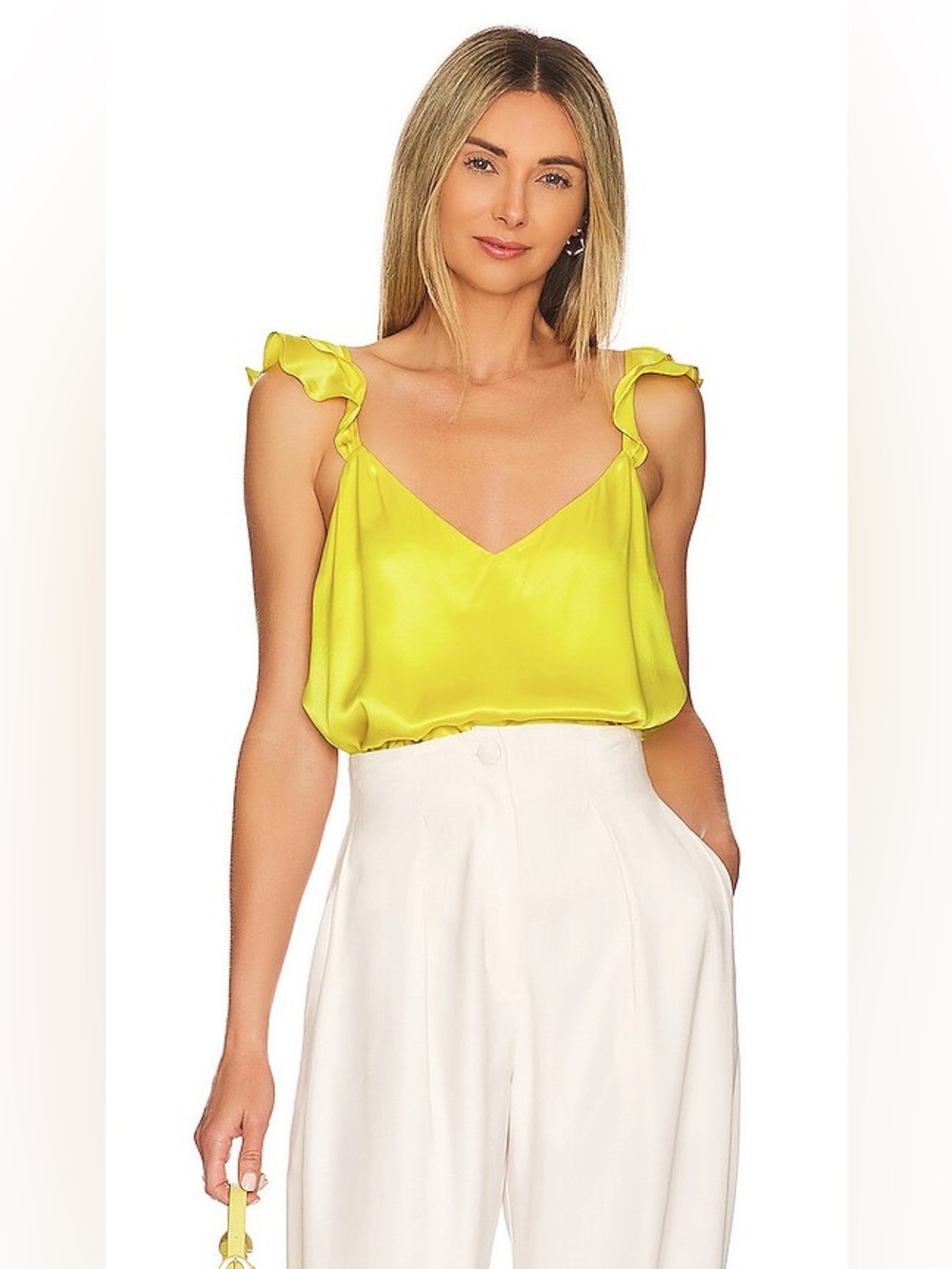 NEW CAMI NYC Cara Cami in Canary Yellow Silk Ruffle Tank Top Size Small